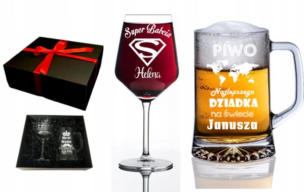 Kufel i kieliszek z grawerem na Dzień Babci i Dziadka w eleganckim pudełku