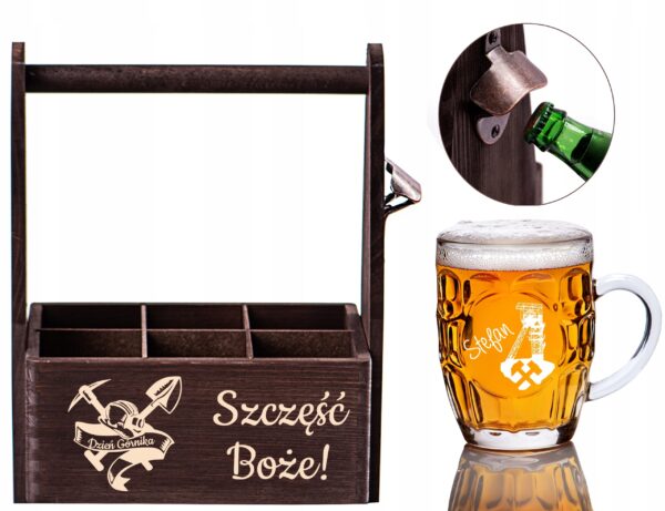 NOSIDŁO NA PIWO + KUFEL Z GRAWEREM BARBÓRKA ŚWIĘTA