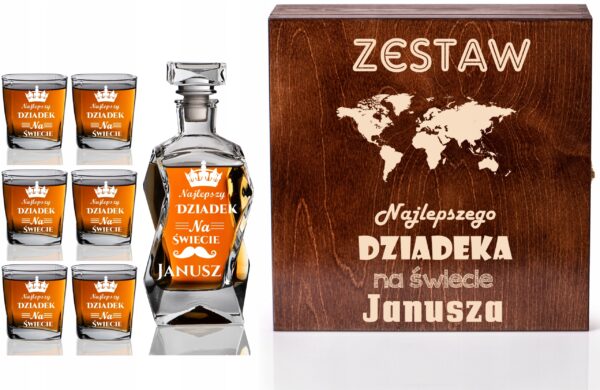 Karafka i 6 szklanek w skrzynce z grawerem Idealny prezent na Dzień Dziadka