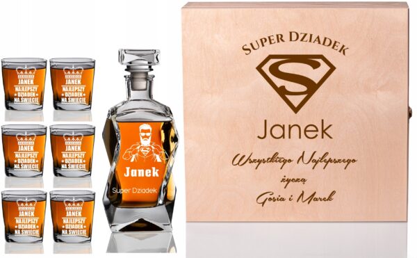 Karafka i 6 szklanek w skrzynce z grawerem Idealny prezent na Dzień Dziadka