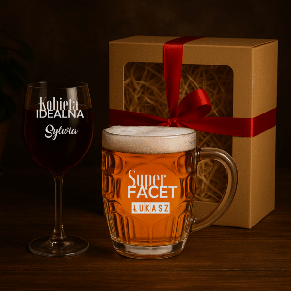 Kufel i kieliszek z grawerem na Walentynki w pudełku prezentowym Prezent