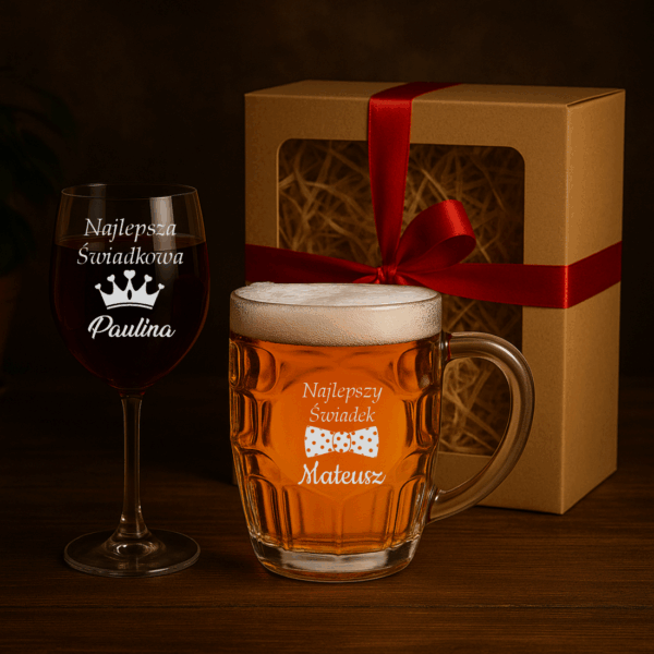 Kufel i kieliszek z grawerem w pudełku prezentowym Świadek Świadkowa