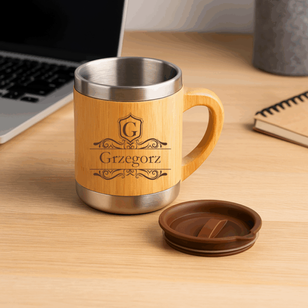 KUBEK TERMICZNY TERMOS Z GRAWEREM BAMBUSOWY!
