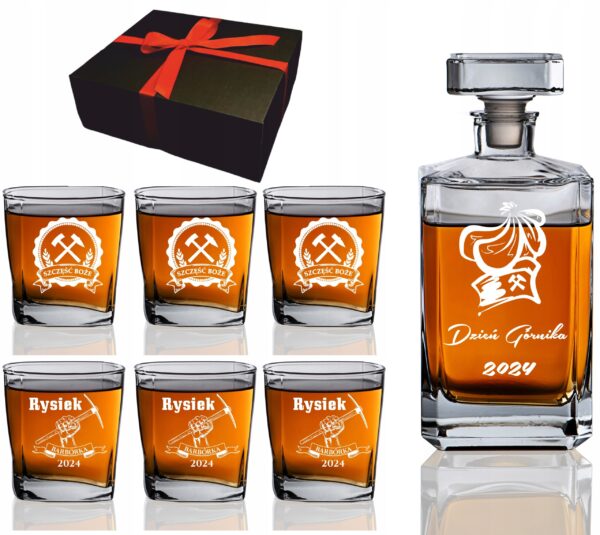 KARAFKA 6 SZKLANEK Z GRAWEREM DO WHISKY DZIEŃ GÓRNIKA BARBÓRKA ŚWIĘTA