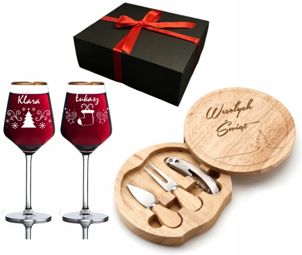 ZESTAW KIELISZKI DO WINA I DESKA DO SERA Z AKCESORIAMI Z GRAWEREM ŚWIĘTA