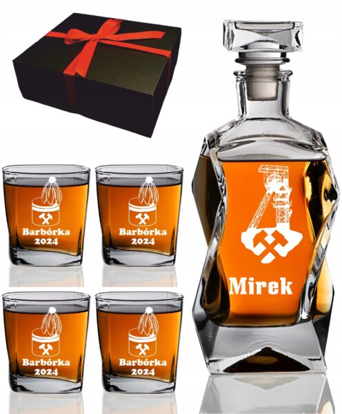 KARAFKA 4 SZKLANKI Z GRAWEREM PREZENT DZIEŃ GÓRNIKA ŚWIĘTA BARBÓRKA