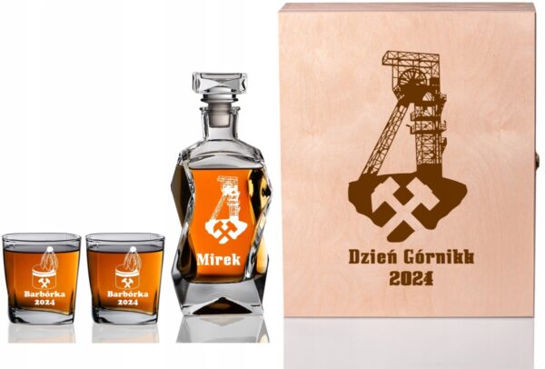 SKRZYNKA KARAFKA SZKLANKI DO WHISKY GRAWER DZIEŃ GÓRNIKA ŚWIĘTA BARBÓRKA