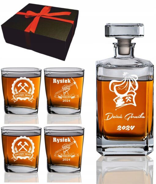 KARAFKA 4 SZKLANKI Z GRAWEREM DO WHISKY DZIEŃ GÓRNIKA BARBÓRKA ŚWIĘTA