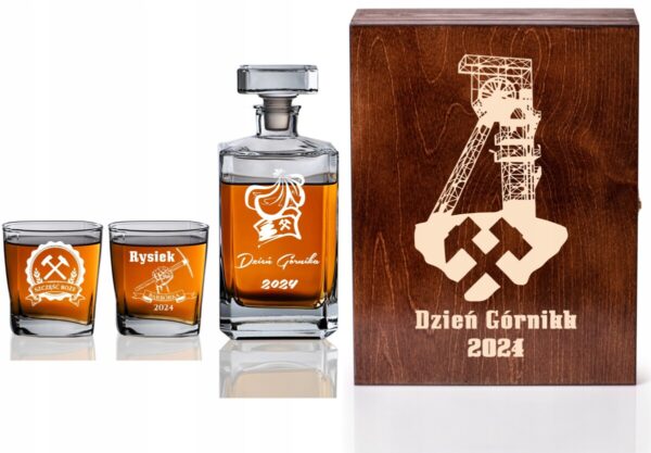 SKRZYNKA KARAFKA SZKLANKI DO WHISKY GRAWER DZIEŃ GÓRNIKA ŚWIĘTA BARBÓRKA