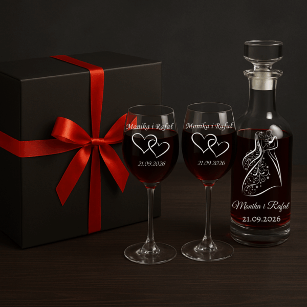 KARAFKA DO WINA KIELISZKI Z GRAWEREM PREZENT ŚLUB ROCZNICA PREZENT URODZINY