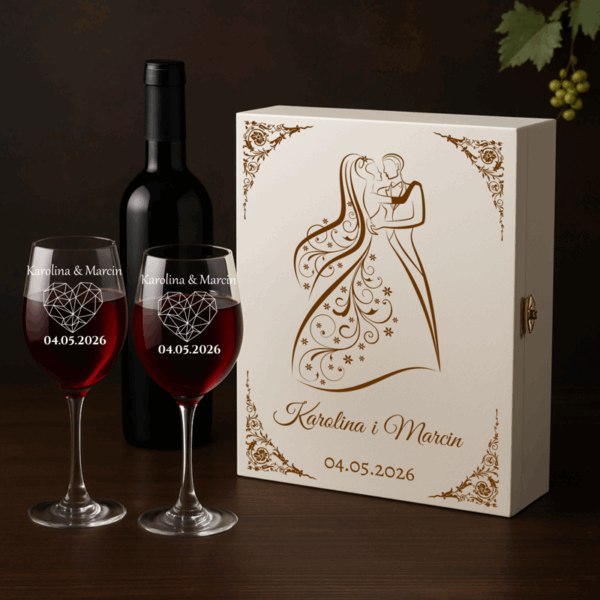 Skrzynka biała z kieliszkami i grawerem