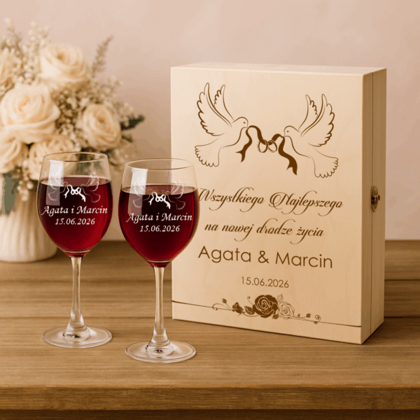 SKRZYNKA NA WINO KIELISZKI Z GRAWEREM ŚLUB PREZENT ROCZNICA URODZINY