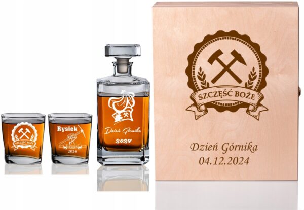 SKRZYNKA KARAFKA SZKLANKI DO WHISKY GRAWER DZIEŃ GÓRNIKA ŚWIĘTA BARBÓRKA