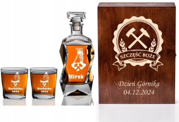 SKRZYNKA KARAFKA SZKLANKI DO WHISKY GRAWER DZIEŃ GÓRNIKA ŚWIĘTA BARBÓRKA