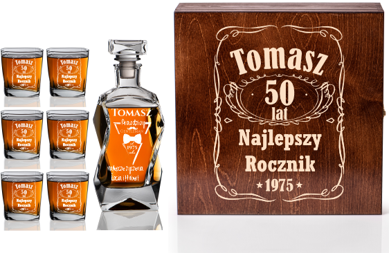 Skrzynka, karafka i 6 szklanek z grawerem na urodziny