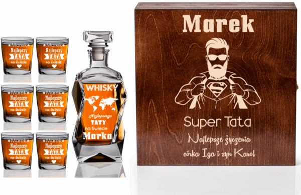 Skrzynka, Karafka i 6 Szklanek do Whisky z grawerem Na dzień Ojca