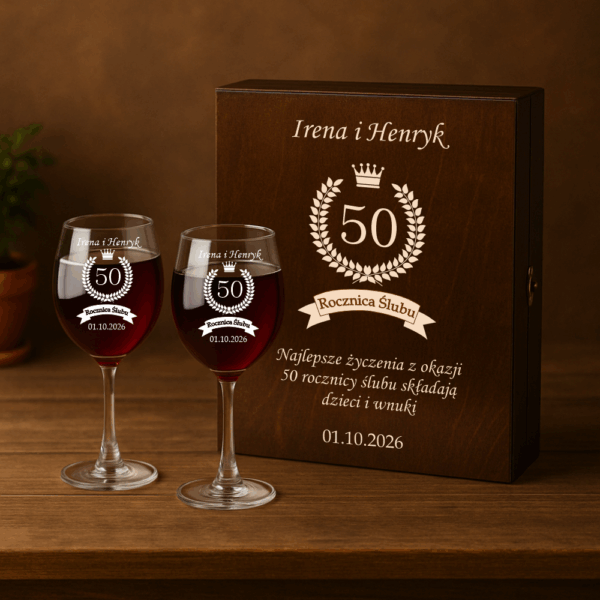 SKRZYNKA NA WINO KIELISZKI Z GRAWEREM ROCZNICA ŚLUBU