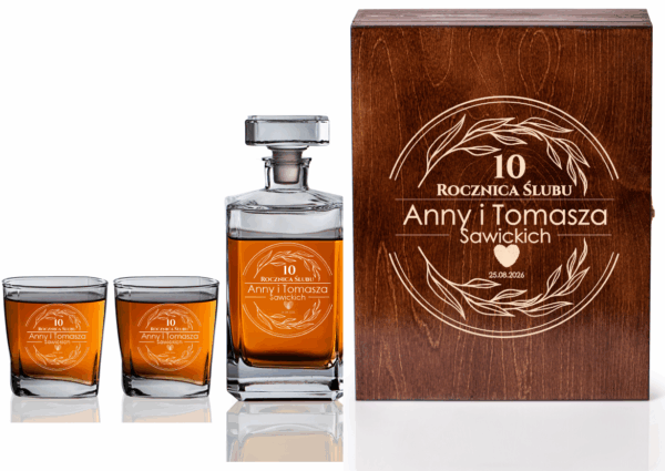 SKRZYNKA KARAFKA SZKLANKI DO WHISKY Z GRAWEREM ROCZNICA ŚLUBU