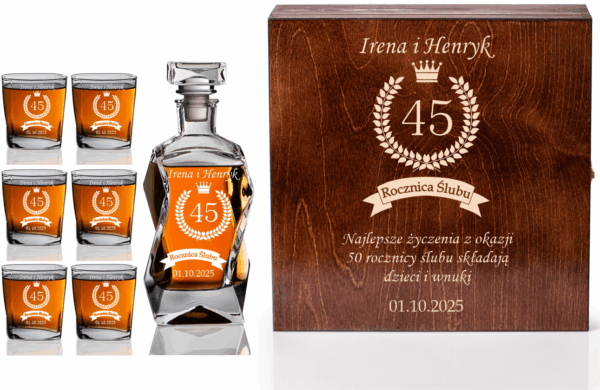 Skrzynka, Karafka i 6 Szklanek do Whisky z grawerem Rocznica Ślubu